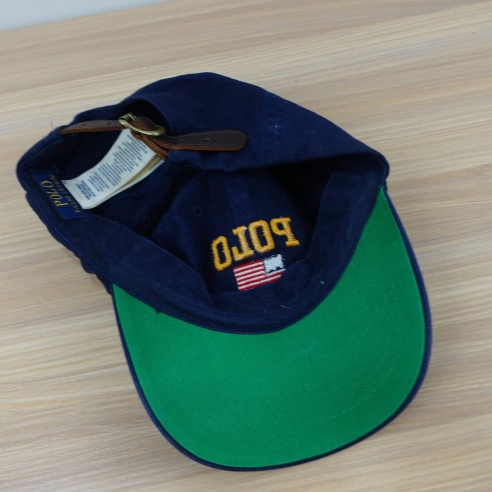 Polo Ralph Lauren Hat Mens Blue Navy Cap USA Flag Logo Pony Cotton Leather Strap - Picture 5 of 12